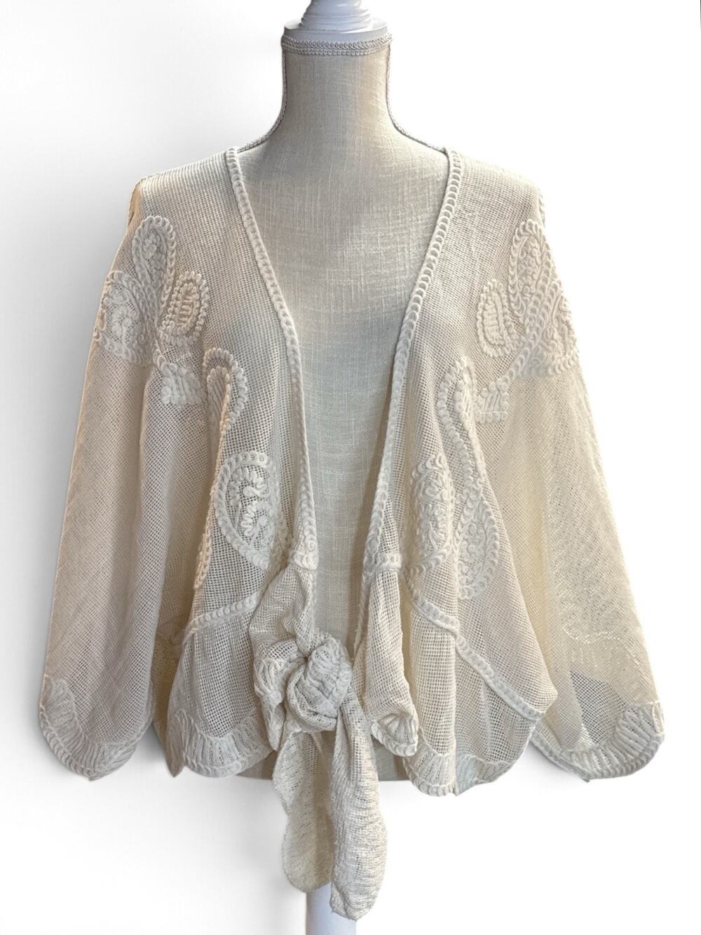 Rachel Zoe Shrug Open Crochet Tie Front Cream Paisley Cardigan One Size Boho